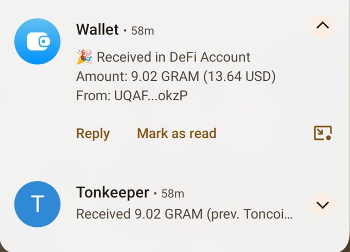 A screenshot shows notifications from "Wallet" and "Tonkeeper" indicating a received transfer of 9.02 GRAM (13.64 USD) from address UQAF...okzP in the user's DeFi account. The image supports the post's excitement about receiving "free money" to gamble with on Polymarket, turning $13 into $1300.