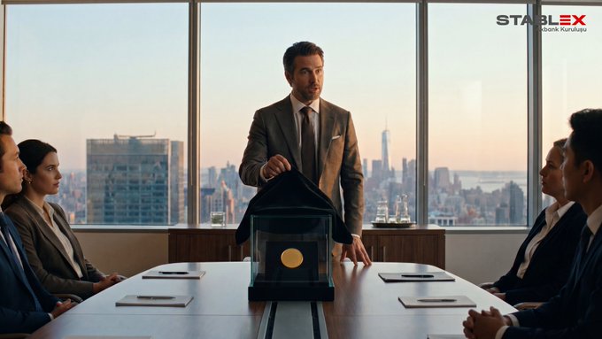 A man in a suit stands at the head of a conference table in a high-rise office, presenting a black cloth-covered object with a golden coin displayed, as colleagues observe; 'STABLEX Şükrük Kurukuju' is visible in the corner.