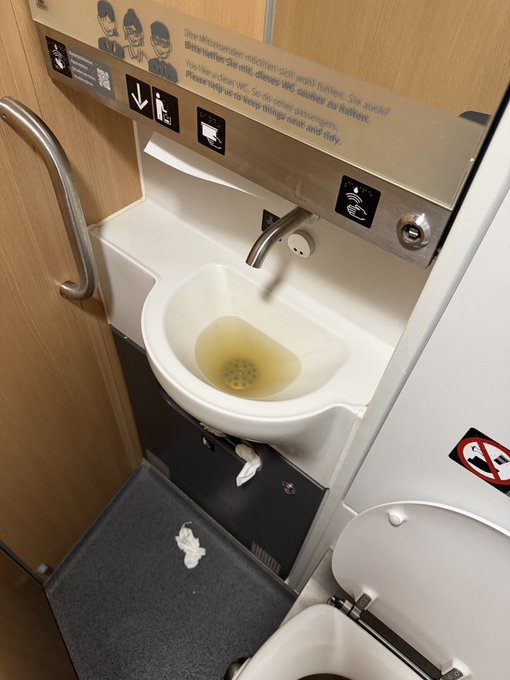 A small train bathroom sink containing murky, yellow water, with a sign in German above it instructing passengers not to dispose of anything other than toilet paper.