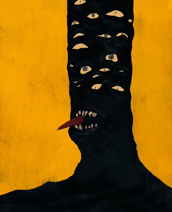 A dark, surreal illustration of a tall black figure covered in multiple eyes with a mouth full of sharp teeth and a red tongue, set against a yellow background.