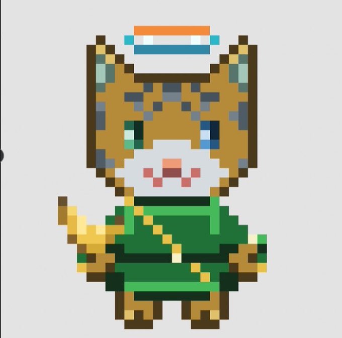 A pixel art character depicting a brown cat with heterochromatic eyes wearing a green outfit, a crown/halo, and carrying a yellow banana.