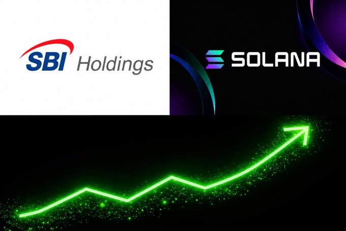 The image features the SBI Holdings and Solana logos side by side at the top, with a glowing green upward-pointing arrow below symbolizing growth, visually representing SBI's expansion into building an on-chain financial market on the Solana blockchain, including Yen-backed stablecoins, tokenized real-world assets, and cross-border payments.