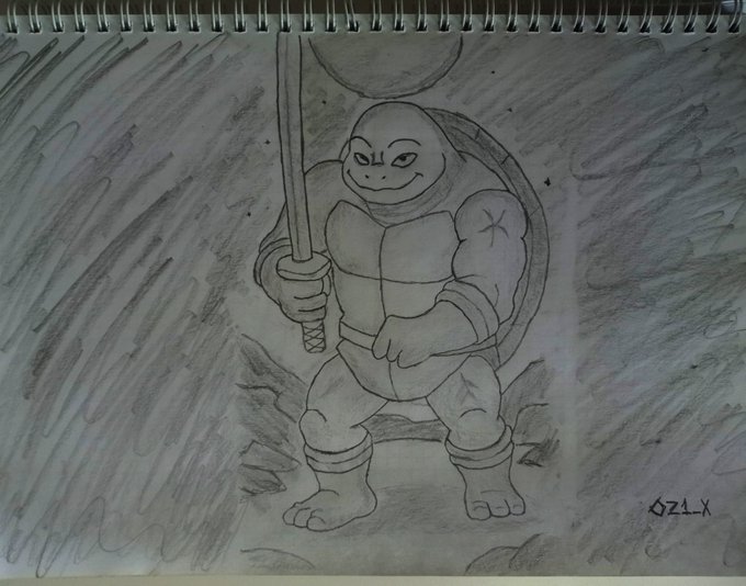 A pencil sketch in a spiral notebook depicting a muscular turtle warrior with a confident grin, holding a katana and wearing a ninja headband, with "OZ1.X" signed in the corner.