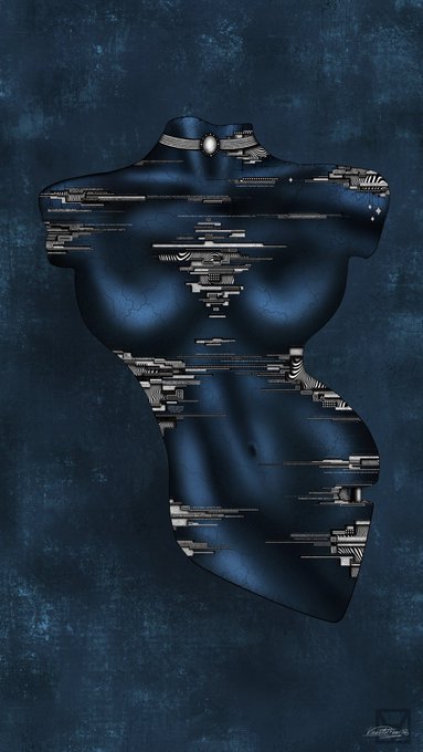 A digital artwork depicting a blue feminine torso with mechanical/circuit-like details on a textured dark blue background.