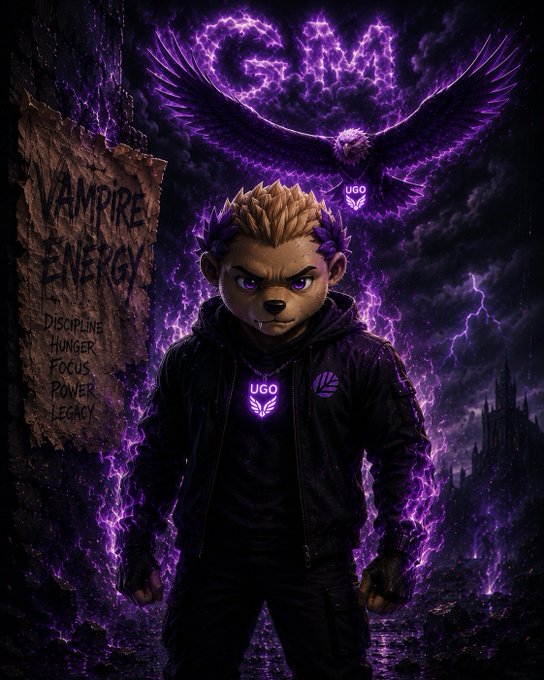 A dark fantasy digital artwork of an anthropomorphic lion character in a black jacket, with a glowing purple eagle above and a 'VAMPIRE ENERGY' sign listing 'DISCIPLINE, HUNGER, FOCUS, POWER, LEGACY'.