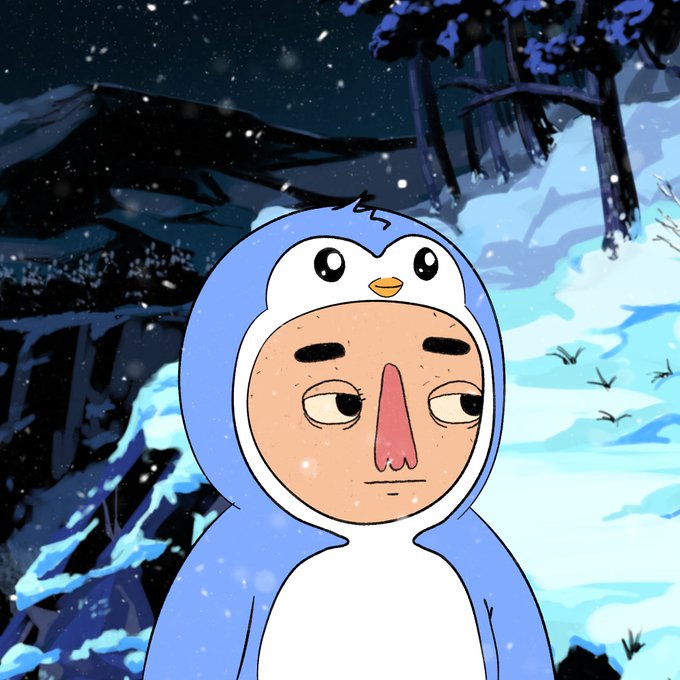 Cartoon-style illustration of a sleepy man wearing a blue penguin hooded onesie, set against a snowy winter night background.