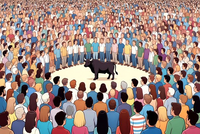 An illustration of a large crowd of people forming a circle around a single black bull in the center.