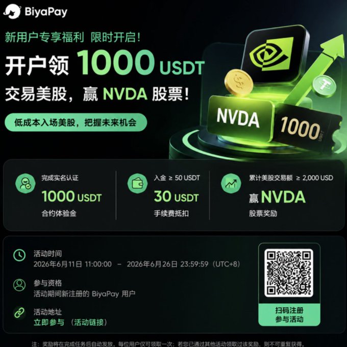 BiyaPay promotional advertisement offering new users 1000 USDT signup bonus and a chance to win NVDA stock by trading US stocks.