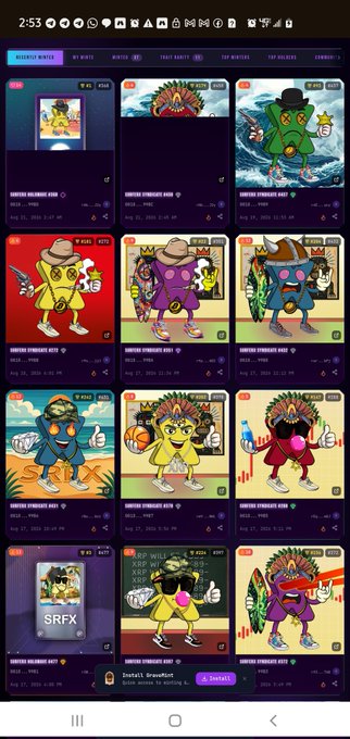 Screenshot of a browser wallet interface showing a collection of 12 'NUTTER KLONDIKE #039' NFT cards in various designs, with an 'Install Brave' prompt at the bottom.
