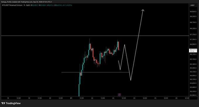 A TradingView chart of BTC/USDT Perpetual Contract on Binance shows Bitcoin's price consolidating around $66,870 after a sharp rally, with the creator noting they're waiting for a flush/pullback before entering the long, as the price has been slowly grinding upward rather than retracing.