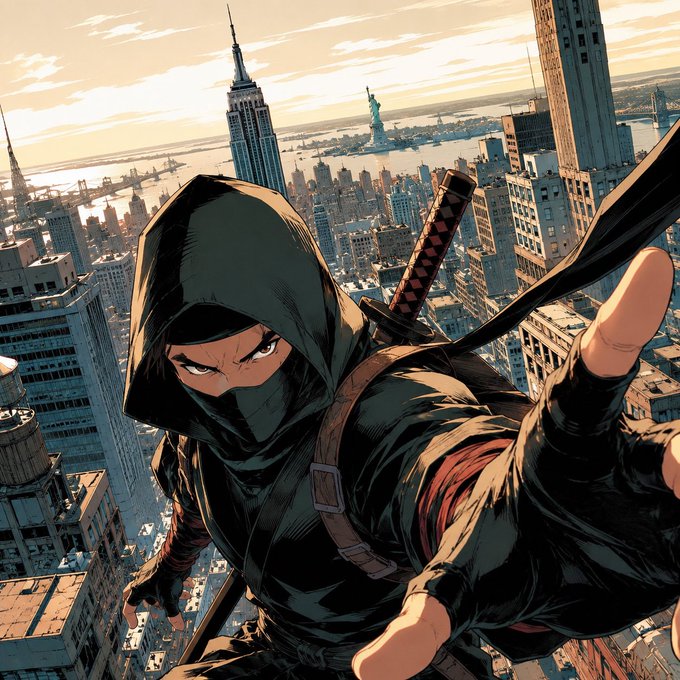 A hooded ninja with a sword overlooks a stylized New York City skyline featuring the Empire State Building and the Statue of Liberty. The image's determined character and high vantage point complement the post's theme of finding "new ways to win."