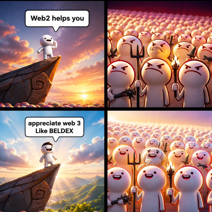 A four-panel meme comparing Web2 and Web3, showing a character on a cliff saying 'Web2 helps you' above an angry mob, then 'appreciate web 3 Like BELDEX' above a happy mob.