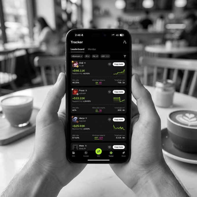 A black-and-white photo shows hands holding a smartphone displaying a crypto "Tracker" app's Leaderboard, featuring rows of influencers (Doga, Frozst, deou, theo) with metrics like Realized PnL ($46.11K, $33.33K, $25.93K) and Win rates (40.25%, 42%, 57.52%), set against a blurred café background with a latte. The image reinforces the post's message by visually emphasizing a results-driven leaderboard focused on proven performance stats—realized PnL, win rates, and transaction history—over social proof, letting users filter and copy-trade top performers like Doga and deou.