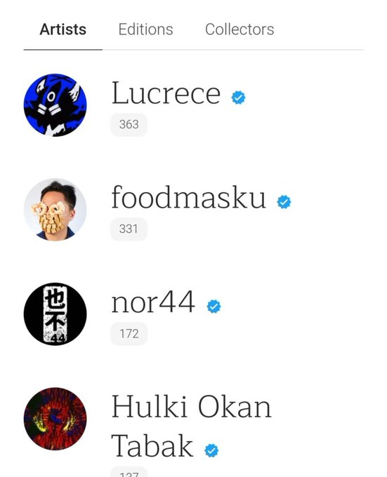 The image displays a "Artists" leaderboard from KnownOrigin with verification badges, listing Lucrece (363) at the top, followed by foodmasku (331), nor44 (172), and Hulki Okan Tabak (137). The post reflects fondly on the user's past recognition among top NFT artists on the platform before stepping back from the space in 2025.