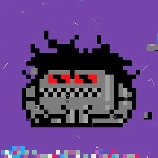 Pixel art of a grey creature with black spiky hair, a wide grinning mouth with teeth, and red eyes against a purple background with scattered colorful pixels.