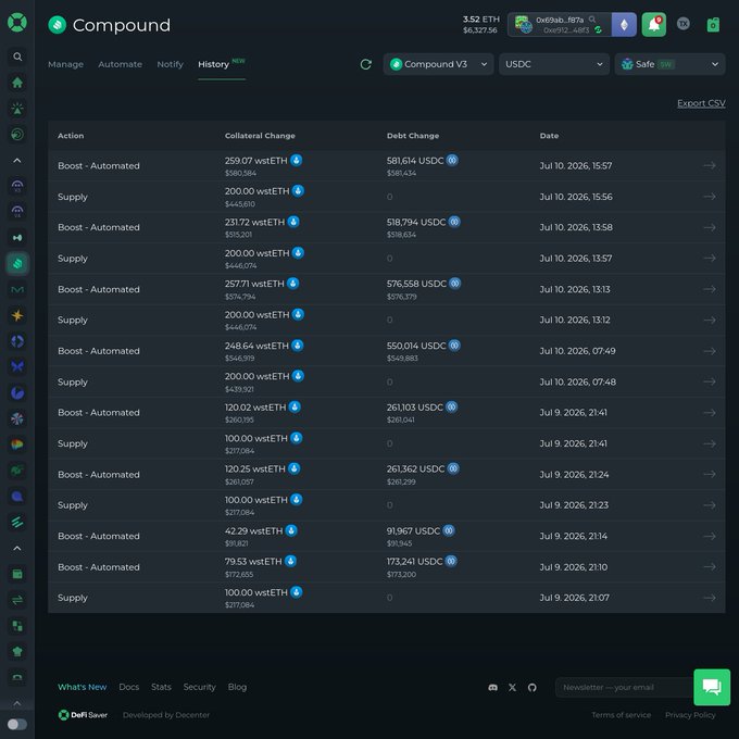 The image shows a transaction history on DeFi Saver's interface for a Compound V3 (USDC) position, displaying a series of alternating "Supply" and "Boost - Automated" actions from July 9-10, 2026. The user has been supplying chunks of approximately 100-260 wstETH (worth $217k-$580k each) to trigger automated leverage boosts, borrowing over $3 million in USDC against their ETH collateral in just two days.