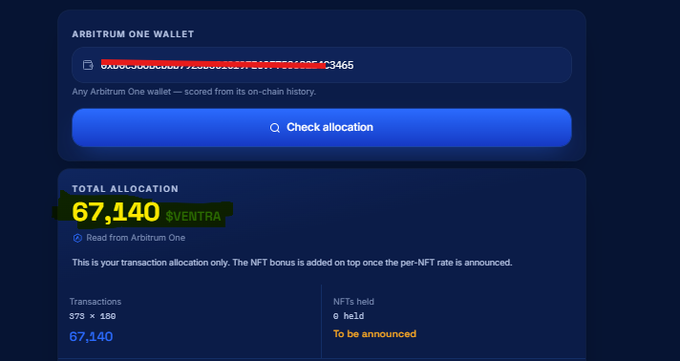A digital wallet interface displays an 'ARBITRUM ONE WALLET' address ending in 'c3465' with a 'TOTAL ALLOCATION' of 67,140 $VENTRA tokens calculated from 373 transactions.