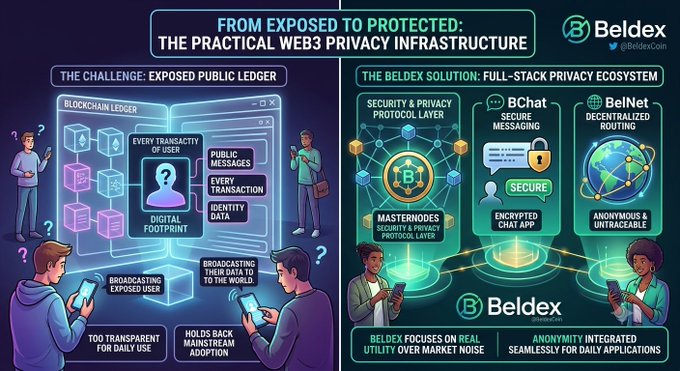 An infographic for Beldex titled 'FROM EXPOSED TO PROTECTED: THE PRACTICAL WEB3 PRIVACY INFRASTRUCTURE,' contrasting public ledger challenges with Beldex's privacy solutions including BChat and BelNet.