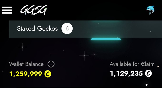A screenshot of a GGSG app interface showing 'Staked Geckos 6', with a 'Wallet Balance' of 1,259,999 G and 'Available for Claim' of 1,129,235 G against a starry night background.
