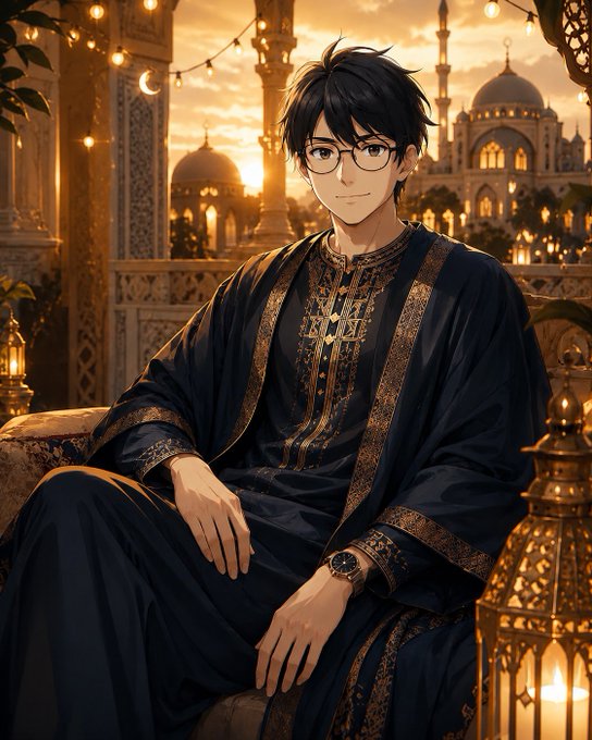 An anime-style illustration shows a smiling young man with glasses wearing a dark, gold-embroidered traditional robe, seated in an ornately decorated room with golden lighting and a palace visible in the background.