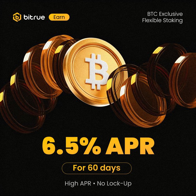 The image is a promotional graphic for Bitrue's "Earn" program, featuring a row of golden Bitcoin coins against a black background. It highlights a "BTC Exclusive Flexible Staking" offer with a prominent "6.5% APR" yield for a "60 days" term, emphasizing "High APR • No Lock-Up" — directly supporting the post's announcement of the $BTC Starter Special.