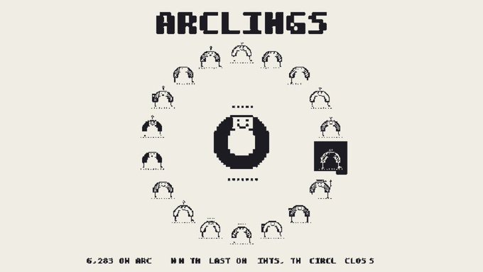 Pixel art graphic titled 'ARCLINGS' showing 6,283 ARC arranged in a circle around a central figure, with text 'NOW THE LAST ONE INITIATES THE CIRCLE CLOSES'.