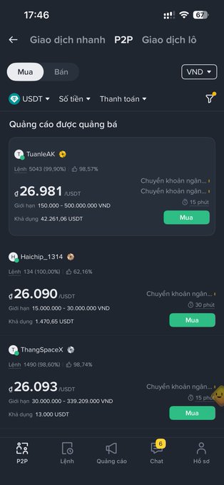 A Vietnamese P2P cryptocurrency trading app screenshot showing USDT buy listings from users TuanleAK, Haichip_1314, and ThangSpaceX with prices around 26,090-26,981 USDT.