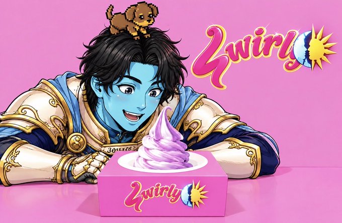 An anime-style illustration shows a blue-skinned character with a small brown dog on his head, wearing armor and looking excitedly at a swirl of pink soft-serve ice cream in a box labeled '2wirl'.