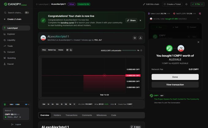 A Canopy Network (CNPY) Launchpad dashboard shows a new virtual token called "ALexcAlex1pto11" successfully going live, with a confirmation popup that "1 CNPY is worth of ALEXALE" was purchased at a price of ~43.8321 CNPY, illustrating the platform's peer-to-peer bonding curve mechanism for launching layer one networks without the treasury-destroying defenses required to protect against hostile takeover during incubation.