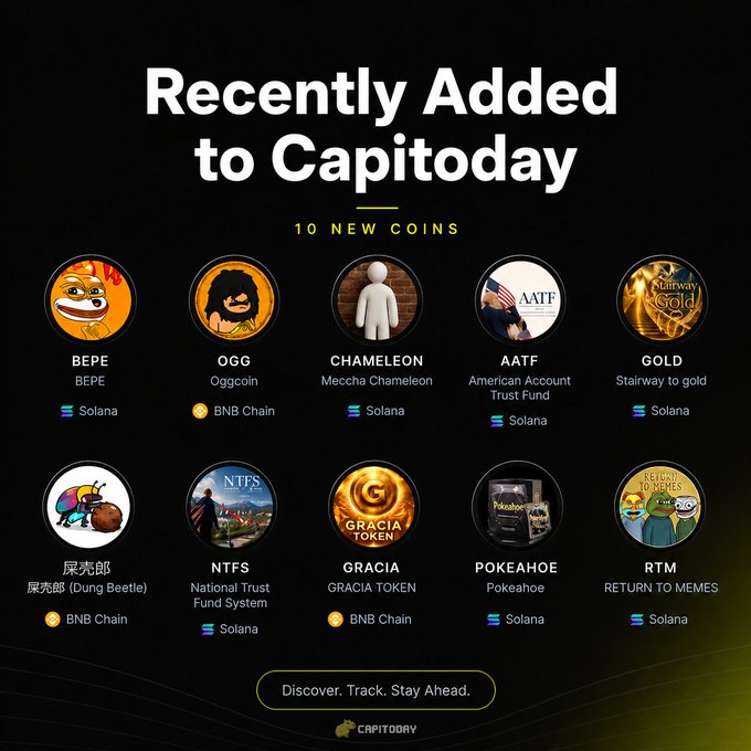 A Capitoday promotional graphic titled 'Recently Added to Capitoday' showcasing 10 new coins including BEPE, OGG, CHAMELEON, AATF, GOLD, NTFS, GRACIA, POKEAHOE, and RTM, displayed on Solana and BNB Chain.