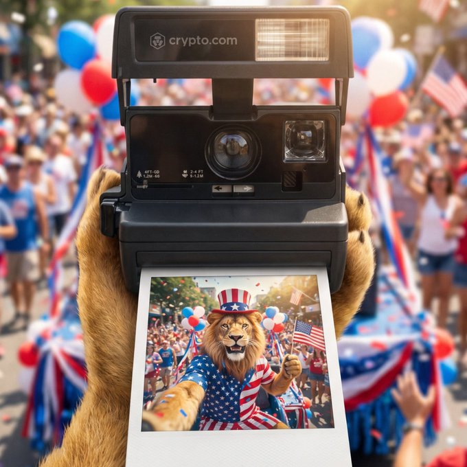A lion wearing an Uncle Sam hat holds a Polaroid camera branded "crypto.com," capturing a selfie at a Fourth of July parade with American flags and balloons, symbolizing empowerment and the celebration of building one's own future.