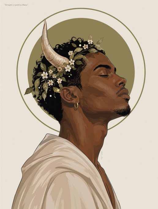 A digital portrait illustration of a Black man with closed eyes, wearing a flower crown and a single ivory horn protruding from his forehead, set against a circular olive-green halo with a small illegible caption in the top left corner.
