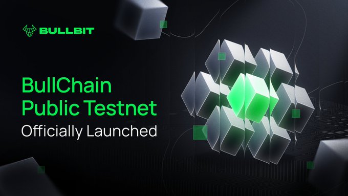 A promotional banner from Bullbit announces the official launch of the BullChain Public Testnet, featuring the Bullbit logo and a 3D graphic of a glowing green cube surrounded by interconnected gray cubes against a dark background, reinforcing the post's announcement of the free, Base-built testnet with potential airdrop rewards.