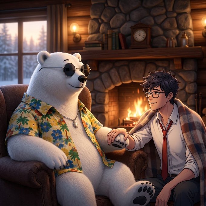 A polar bear in a Hawaiian shirt and sunglasses relaxes in a cozy cabin by the fireplace, holding hands with a bespectacled young man wrapped in a plaid blanket. The whimsical, friendly scene evokes the warm, communal spirit of the crypto giveaway campaign, suggesting community members coming together to complete tasks and farm ZAP tokens via the Consos.xyz extension on the Sui network.