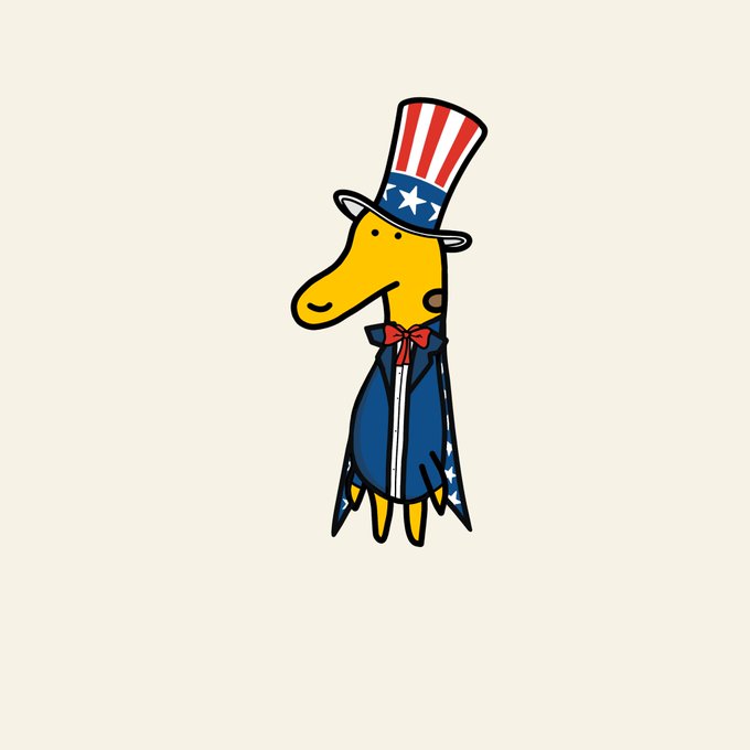 A cartoon giraffe wearing a stars-and-stripes top hat, tails coat, and red bow tie—dressed as Uncle Sam to celebrate the 4th of July. The patriotic character fits the post's Independence Day theme announcing the "Giraffe Airdrop" of 14.69 AVAX to 10 random giraffe addresses.