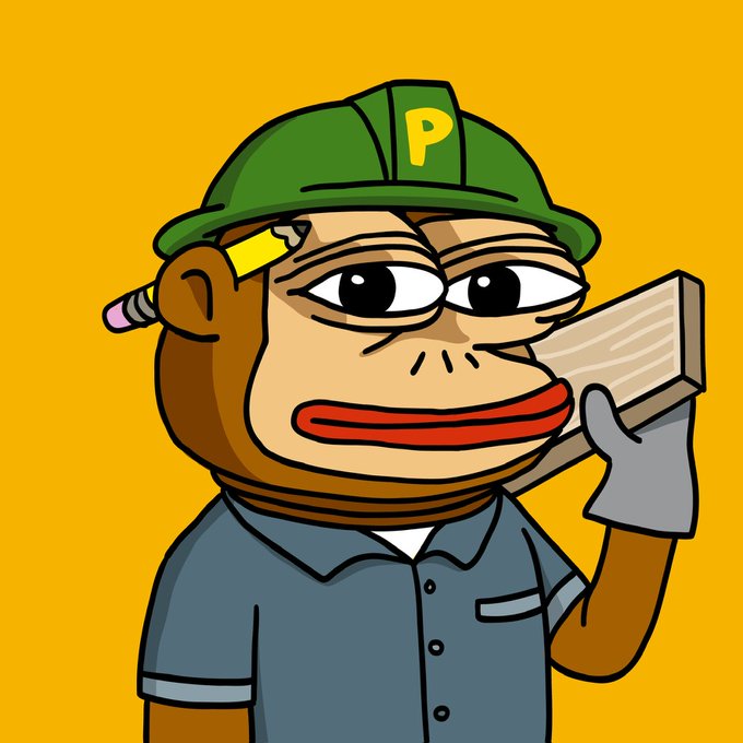A cartoon monkey wearing a green hard hat with a yellow "P" holds a wooden board, embodying the "brick by brick" building metaphor. The image ties directly to the post's message about constructing value during bear markets, with the "P" likely representing the Ponke memecoin ticker.