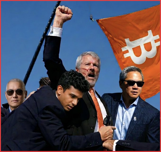 Image showing what appears to be a crypto-related depiction of a man with a bloody face raising his fist, standing behind another man at a Bitcoin ATM, with an orange Bitcoin flag in the background.