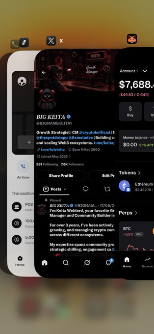A smartphone screen displays the X (Twitter) profile of 'BIG KEITA' (@BIGNAMEKEITAI), showing a follower count of 987K, a joined date of May 2025, and various crypto-related posts.