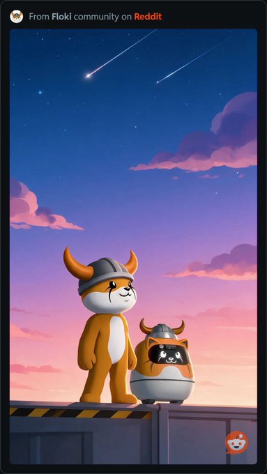 A whimsical illustration shows two cute robot characters wearing Viking-style horned helmets—a tall orange dog-like robot and a smaller round robot—standing on a platform beneath a starry sky with shooting stars, captioned from the Floki community on Reddit. The artwork ties into the post's excitement about "FLOKI AND THE RICE AI MINIBOT," depicting the mascot characters as the "little beauty" the poster is eagerly anticipating.