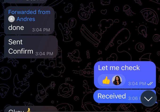 A screenshot of a messaging app showing forwarded messages from someone named Andres and replies like 'Received' and 'Let me check' on a dark patterned background.