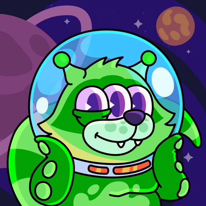 A cartoon illustration of a green alien-like creature wearing a space helmet, set against a space background with planets and stars. The creature has three eyes, antennae, and is smiling with small fangs visible.