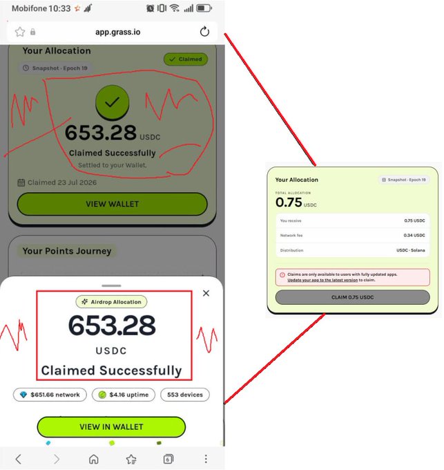 A screenshot comparison showing an alleged Grass.io airdrop claiming 653.28 USDC, contrasted with a screenshot showing a much smaller allocation of 0.75 USDC, suggesting potential scam activity.