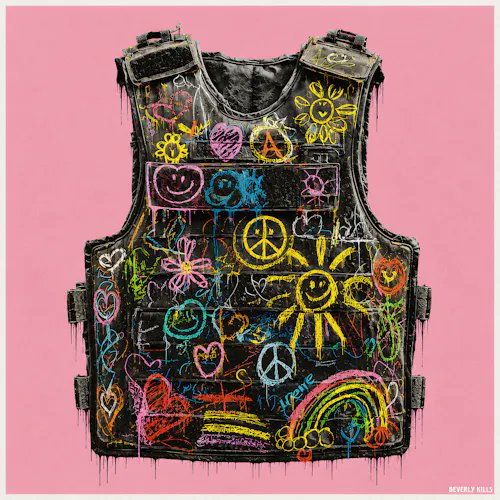 A black tactical vest is heavily decorated with colorful, childlike drawings including peace signs, hearts, smiley suns, and rainbows against a pink background, with 'NEWLY MILLS' written in the corner.