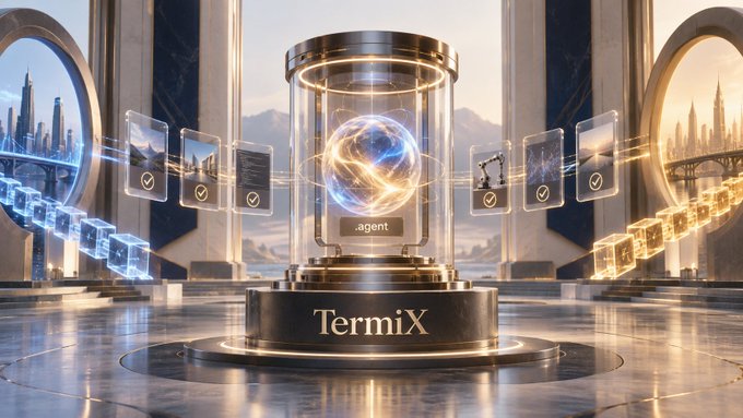 A futuristic 3D render displays a glowing cylindrical device labeled 'TermiX' containing a floating 'agent' orb, connected to holographic interface screens in a grand hall.