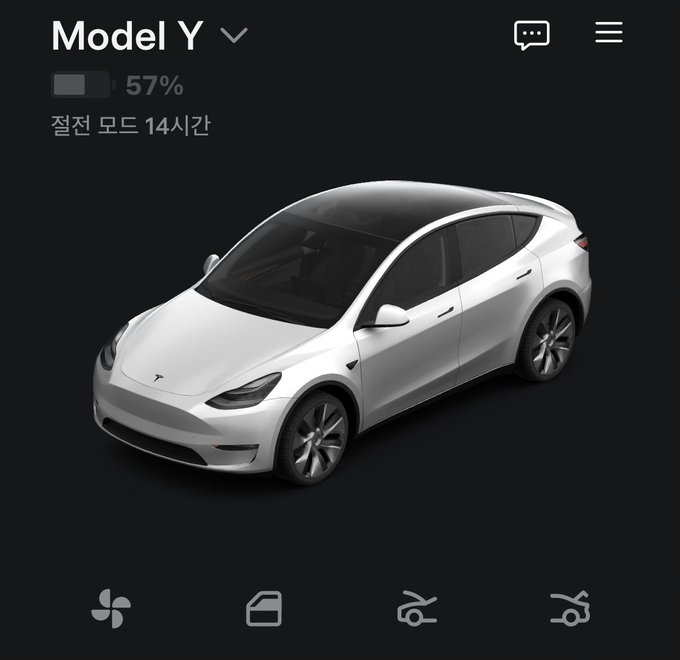 A smartphone app interface showing a Tesla Model Y with 57% battery remaining in Camp Mode for 14 hours, with climate and vehicle control icons at the bottom.