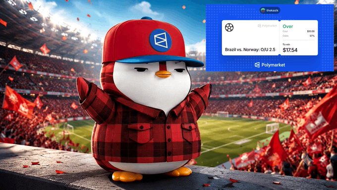 A cartoon penguin wearing a red "Canada" cap and a red plaid shirt cheers in a packed stadium, alongside a Polymarket odds card showing Brazil vs. Norway "Over 2.5" at 87% odds and a $17.54 entry from user "Thekazik," visually reinforcing the day's prediction call.