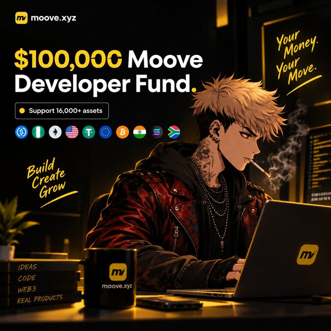 Promotional graphic for moove.xyz advertising a $100,000 Developer Fund supporting 16,000+ assets across multiple blockchains, featuring an anime-style developer at a laptop.