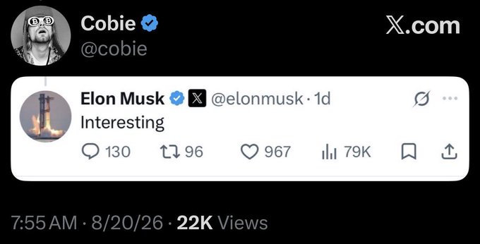 A screenshot of a tweet from Cobie (@cobie) quoting Elon Musk's (@elonmusk) one-word post "Interesting," which garners 79K views, contextualizing Musk's brief reply as commentary on the onchain AI agent wallet activity tied to Cobie's account, including $DRB holdings and stacked fees.
