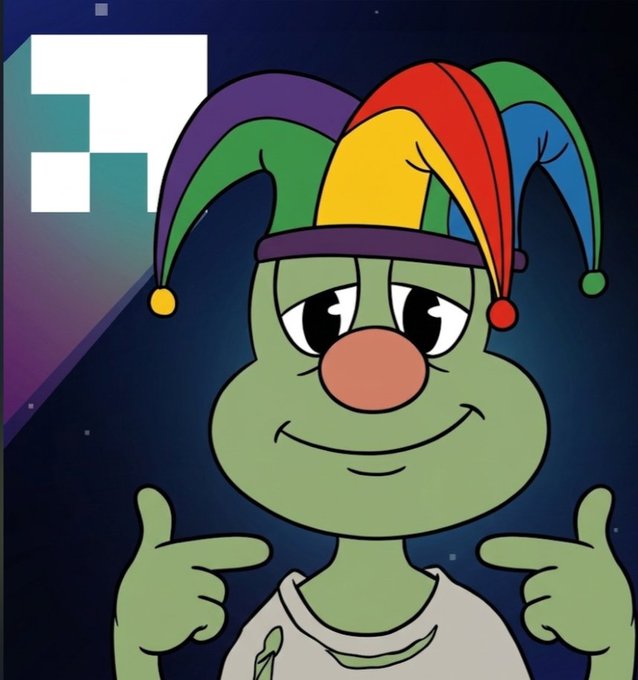 A cartoon illustration shows a smiling green frog character wearing a colorful jester hat, pointing at itself with both hands against a dark starry background.