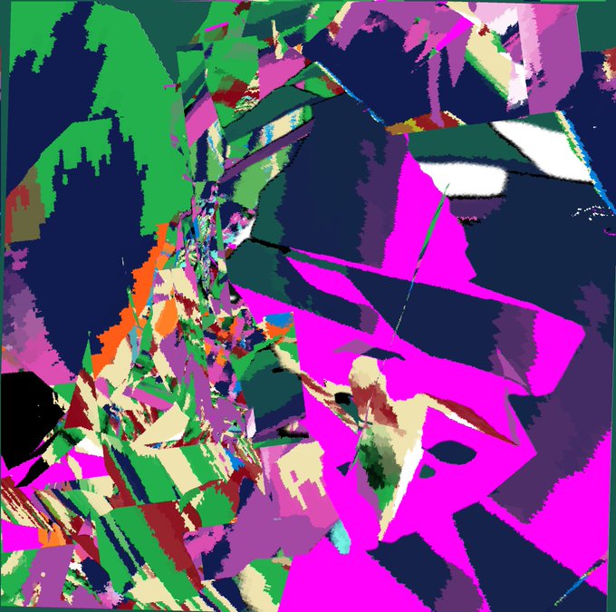 An abstract digital artwork featuring geometric shapes and vibrant colors including pink, purple, green, and blue.